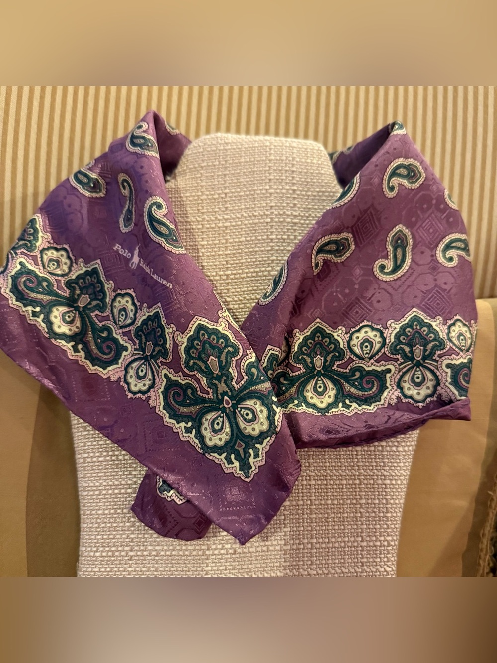 Vintage Polo Ralph Lauren Purple Paisley Silk Jacquard Square Scarf Accent